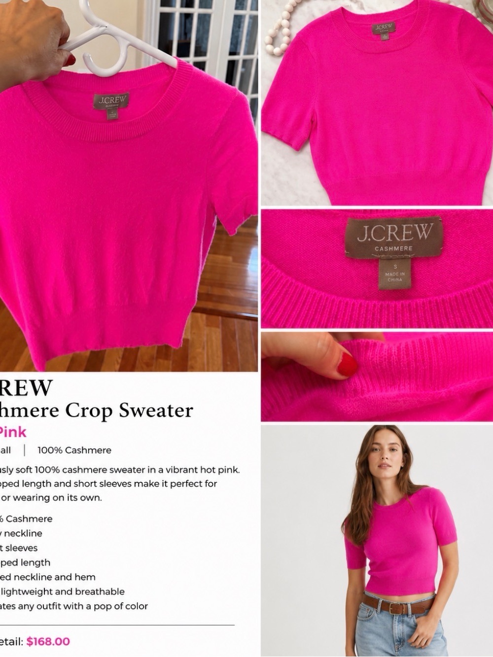 J. Crew Hot Pink Cashmere Short-Sleeve Crew Sweater